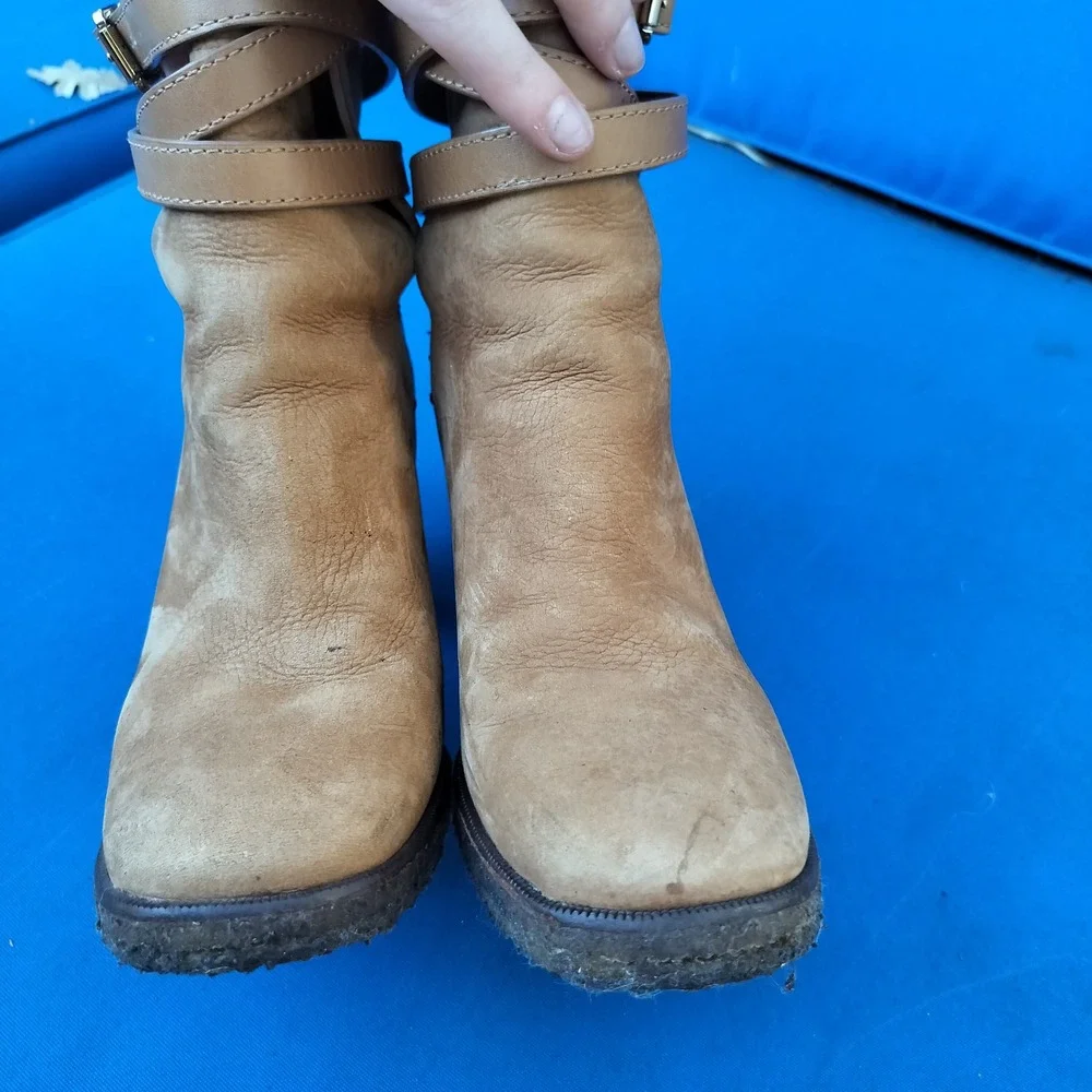 Tory Burch Tan‎ Suede Leather Strappy Buckle Block Heel Ankle Boots
